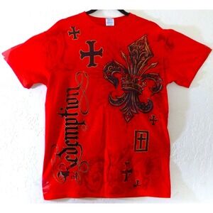 Vintage Redemption Y2K Red T-Shirt Angel Wings & Cross ~ New